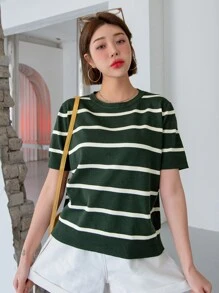 DAZY Stripe Pattern Knit Top - Dark Green - View 2