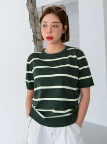 DAZY Stripe Pattern Knit Top - Dark Green - View 3