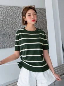 DAZY Stripe Pattern Knit Top - Dark Green - View 4
