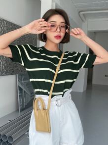 DAZY Stripe Pattern Knit Top - Dark Green - View 5