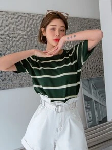 DAZY Stripe Pattern Knit Top - Dark Green - View 6