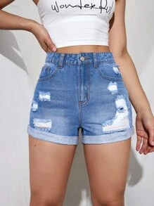 Quần short denim nữ Nút Túi Bị tách Dây kéo màu trơn - Rửa trung bình - Xem 2