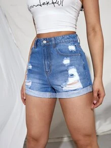 Quần short denim nữ Nút Túi Bị tách Dây kéo màu trơn - Rửa trung bình - Xem 3