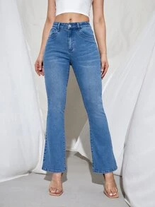 SHEIN PETITE Jeans de pierna amplia con estiramiento alto - Azul lavado medio - Ver 1
