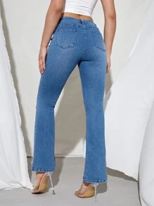 SHEIN PETITE Jeans de pierna amplia con estiramiento alto - Azul lavado medio - Ver 2