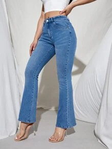 SHEIN PETITE Jeans de pierna amplia con estiramiento alto - Azul lavado medio - Ver 3