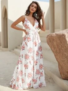 YISIKADO 印花腰帶拖地吊帶連衣裙 - 彩色 - 查看 1