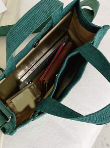 新風格簡約風燈芯絨小方形手提包Ins時尚潮流單肩包適合女士 - 綠色 - 查看 2