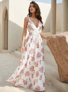 YISIKADO 印花腰帶拖地吊帶連衣裙 - 彩色 - 查看 5