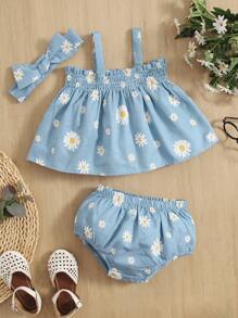 SHEIN Đứa bé gái In hoa Lá sen ren Cắt tỉa Áo Cami & Quần short & Băng đô đầu - Màu xanh nhạt - Xem 1