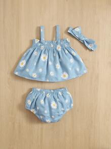 SHEIN Đứa bé gái In hoa Lá sen ren Cắt tỉa Áo Cami & Quần short & Băng đô đầu - Màu xanh nhạt - Xem 2