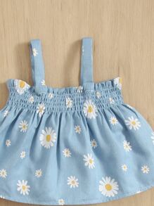 SHEIN Đứa bé gái In hoa Lá sen ren Cắt tỉa Áo Cami & Quần short & Băng đô đầu - Màu xanh nhạt - Xem 3