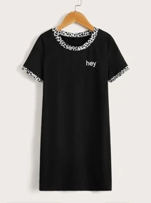 女孩牛和字母圖案T恤洋裝 - 黑色 - 查看 1