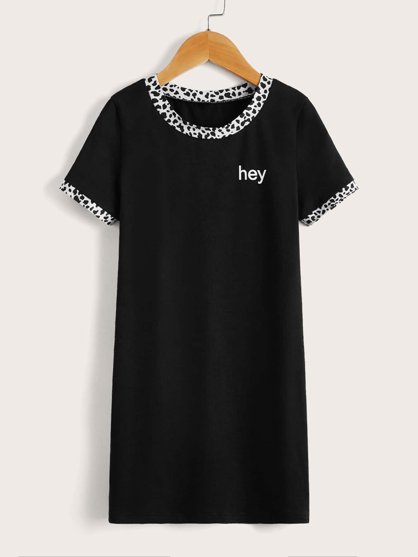 女孩牛和字母圖案T恤洋裝 - 黑色 - 查看 1