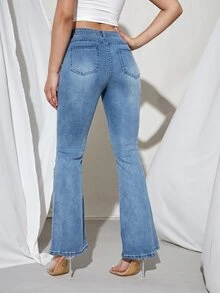 SHEIN PETITE Jeans de pierna amplia con estiramiento alto - Lavado ligero - Ver 2