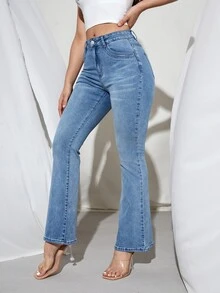 SHEIN PETITE Jeans de pierna amplia con estiramiento alto - Lavado ligero - Ver 3