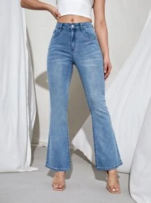 SHEIN PETITE Jeans de pierna amplia con estiramiento alto - Lavado ligero - Ver 4