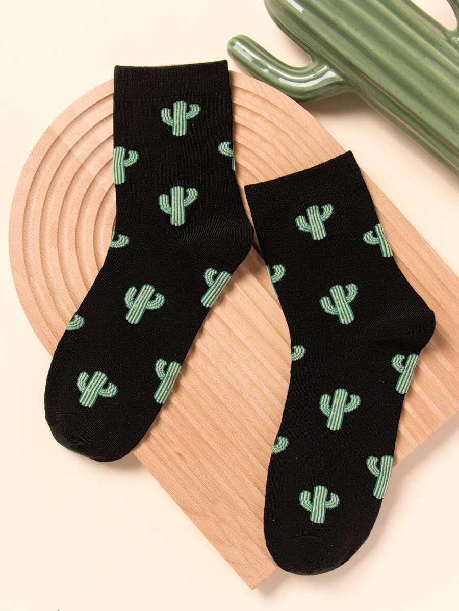 Men Cactus Print Crew Socks - Black - View 1