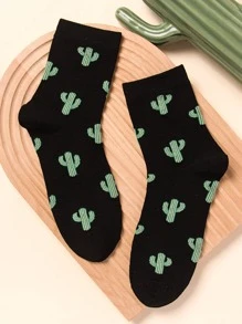 Men Cactus Print Crew Socks - Black - View 2