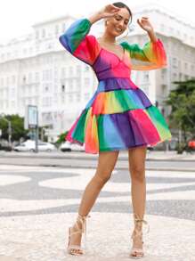 撞色燈籠袖荷葉邊下擺洋裝 - 彩色 - 查看 5