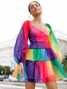 撞色燈籠袖荷葉邊下擺洋裝 - 彩色 - 查看 7