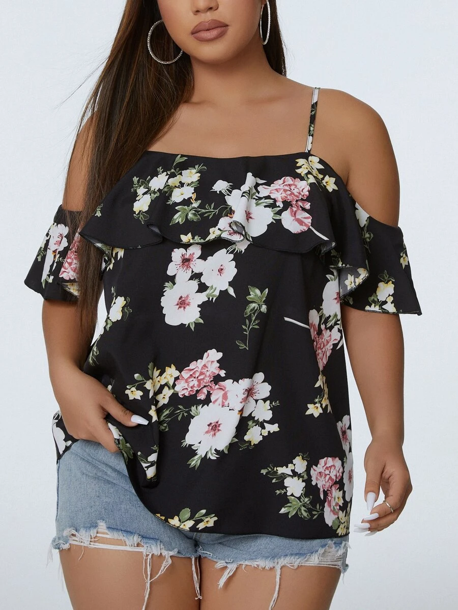 SHEIN LUNE Plus Floral Print Cold Shoulder Blouse - Black - View 1