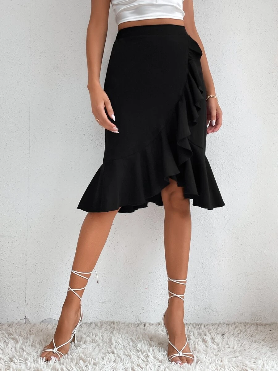 SHEIN Tall Falda ribete con fruncido bajo cruzado - Negro - Ver 1