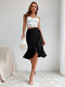 SHEIN Tall Falda ribete con fruncido bajo cruzado - Negro - Ver 3