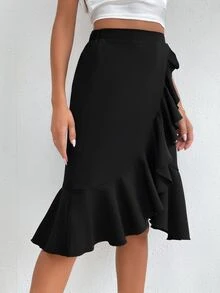 SHEIN Tall Falda ribete con fruncido bajo cruzado - Negro - Ver 5