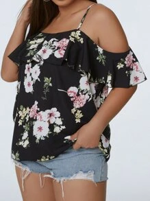 SHEIN LUNE Plus Floral Print Cold Shoulder Blouse - Black - View 6
