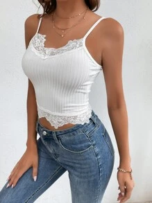 SHEIN Tall Contrast Lace Ribbed Knit Cami Top