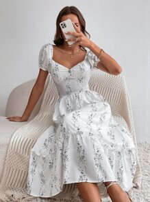 SHEIN Tall Plants Print Puff Sleeve Rhinestone Frill Trim Dress - White - View 1