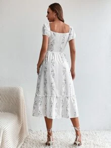 SHEIN Tall Plants Print Puff Sleeve Rhinestone Frill Trim Dress - White - View 2