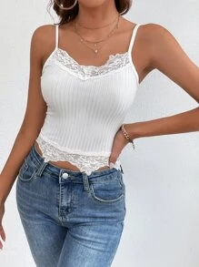 SHEIN Tall Contrast Lace Ribbed Knit Cami Top