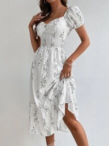 SHEIN Tall Plants Print Puff Sleeve Rhinestone Frill Trim Dress - White - View 3