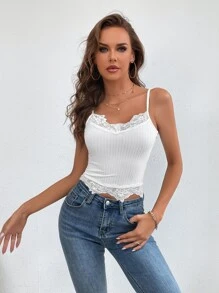 SHEIN Tall Contrast Lace Ribbed Knit Cami Top