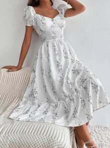 SHEIN Tall Plants Print Puff Sleeve Rhinestone Frill Trim Dress - White - View 5