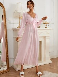 Contrast Embroidery Mesh Ruffle Trim Flounce Sleeve Knot Front Night Dress - Baby Pink - View 4