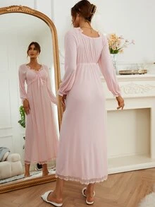 Contrast Embroidery Mesh Ruffle Trim Flounce Sleeve Knot Front Night Dress - Baby Pink - View 2