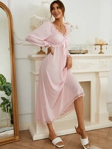 Contrast Embroidery Mesh Ruffle Trim Flounce Sleeve Knot Front Night Dress - Baby Pink - View 7