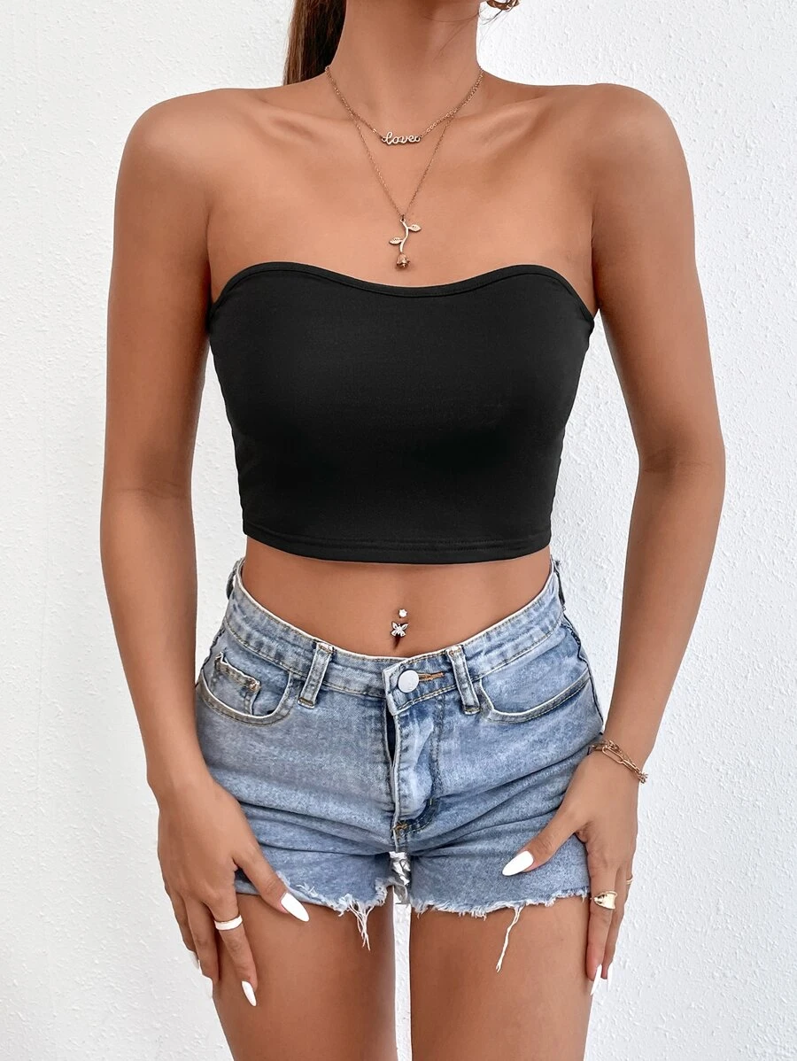 SHEIN PETITE Top tubo corto unicolor de espalda abierta - Negro - Ver 1