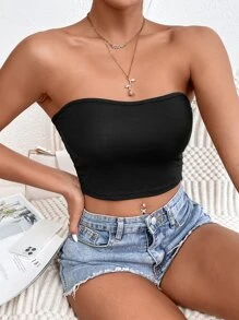 SHEIN PETITE Top tubo corto unicolor de espalda abierta - Negro - Ver 3