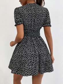 SHEIN PETITE Ditsy Floral Puff Sleeve Overlap Collar Shirred Waist Ruffle Hem Dress - Black and White - View 2