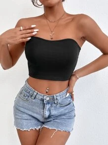 SHEIN PETITE Top tubo corto unicolor de espalda abierta - Negro - Ver 4