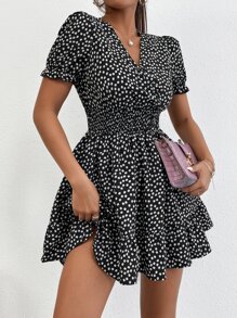 SHEIN PETITE Ditsy Floral Puff Sleeve Overlap Collar Shirred Waist Ruffle Hem Dress - Black and White - View 3