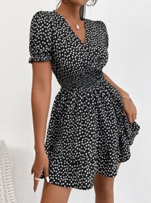 SHEIN PETITE Ditsy Floral Puff Sleeve Overlap Collar Shirred Waist Ruffle Hem Dress - Black and White - View 4