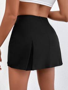 SHEIN PETITE Zip Back Fold Pleated Skirt - Black - View 2