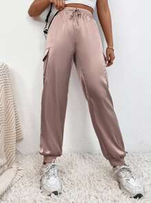 SHEIN PETITE Drawstring Waist Flap Pocket Satin Cargo Trousers - Champagne - View 1