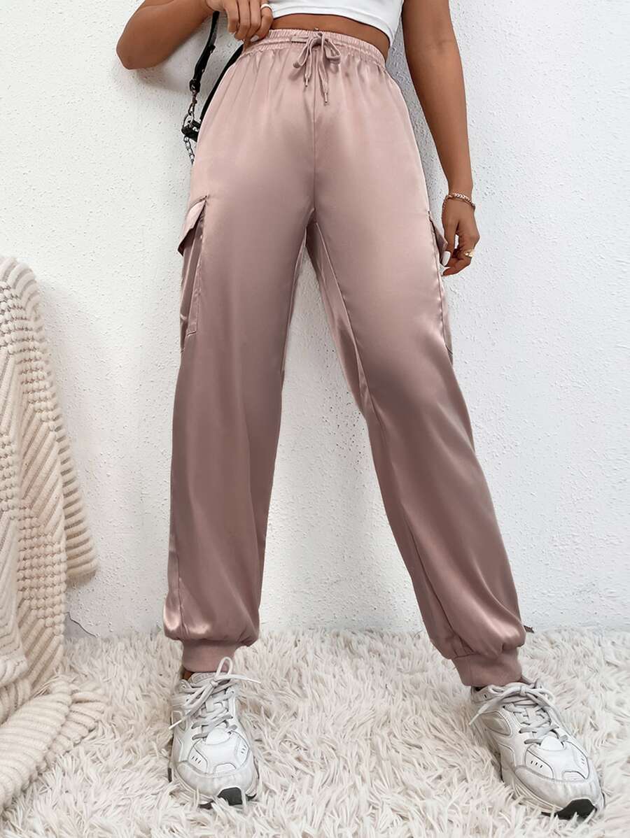 SHEIN PETITE Drawstring Waist Flap Pocket Satin Cargo Trousers - Champagne - View 1
