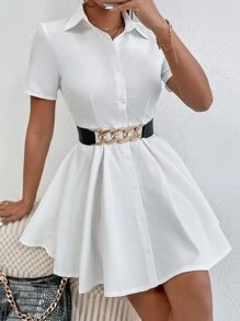 SHEIN PETITE 前排扣襯衫洋裝不附腰帶 - 白色 - 查看 1